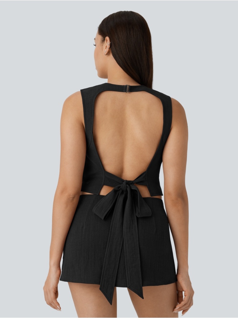 HALARA Women’s Backless Tie-Back Linen Feel Cropped Tank Top Medium Black